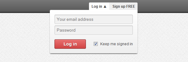 An expanded dropdown login form, with email and password fields