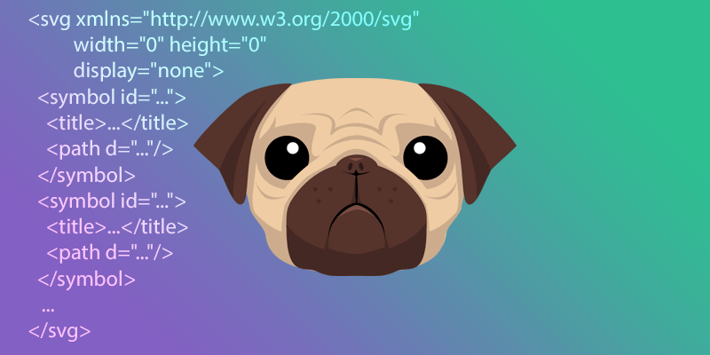 The Pug templating engine logo and a code snippet containing a SVG icon system with symbols